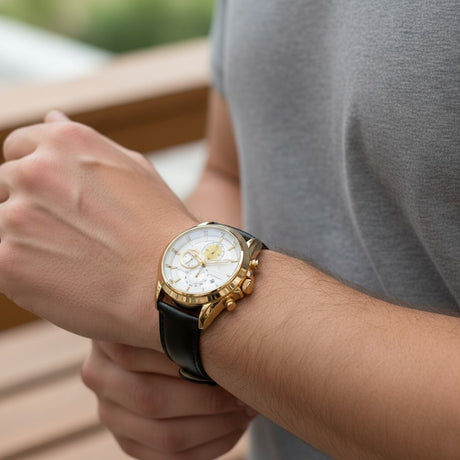Men's gold case chronograph watch with black leather strap, Jack Gifts Online Lebanon