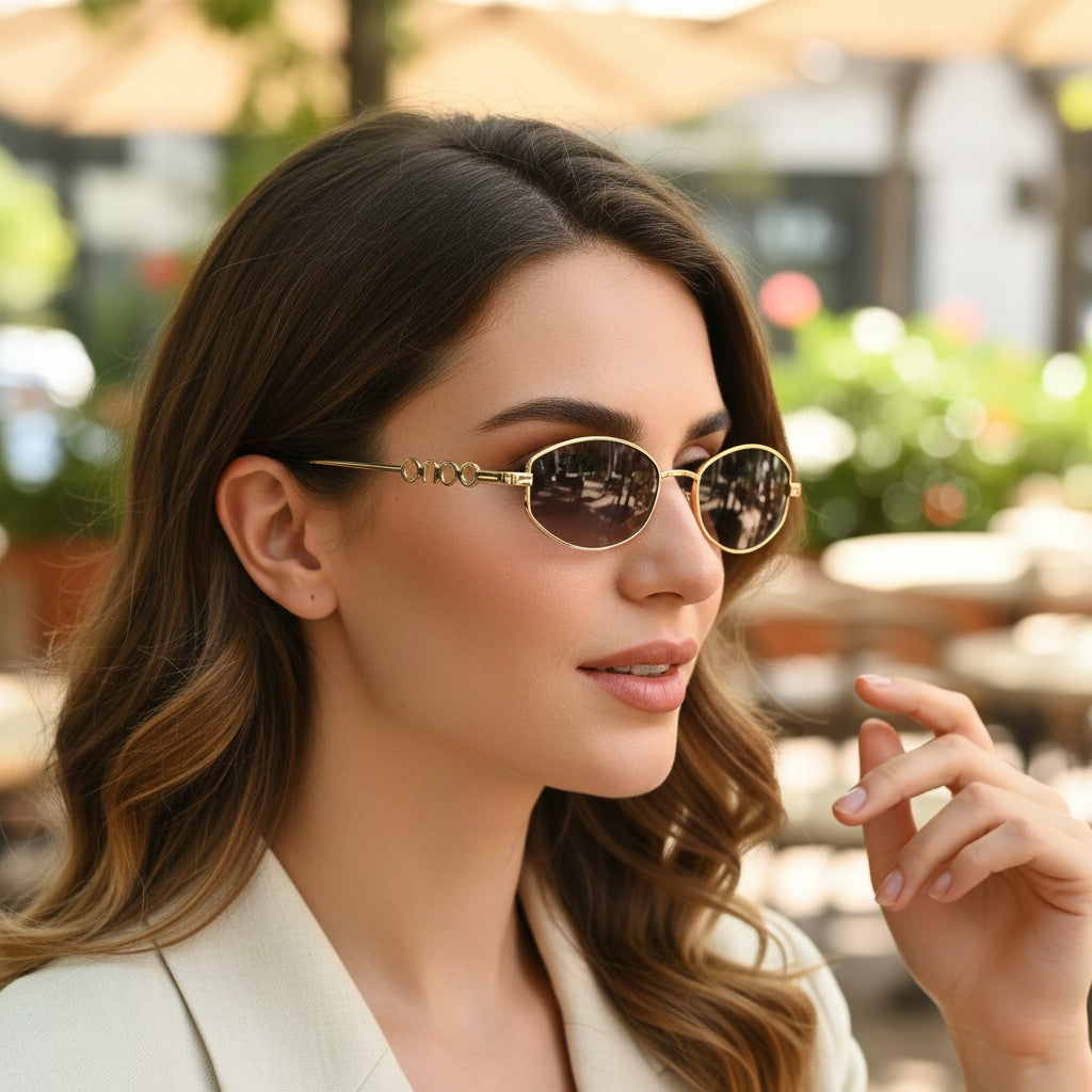 Womens gold oval sunglasses with chain link temple detail and smoky lenses, Jack Gifts Online Lebanon