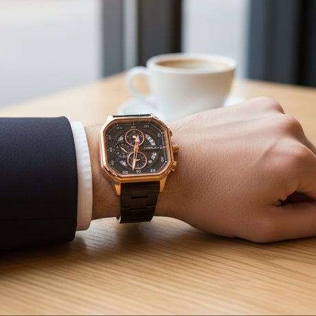 Gold chronograph worn on a person's wrist with a blurred background