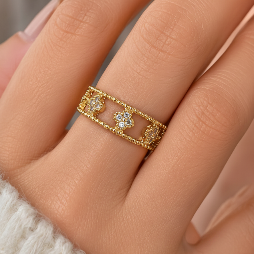 Gold clover ring with crystal flowers on a beaded band, Jack Gifts Online Lebanon