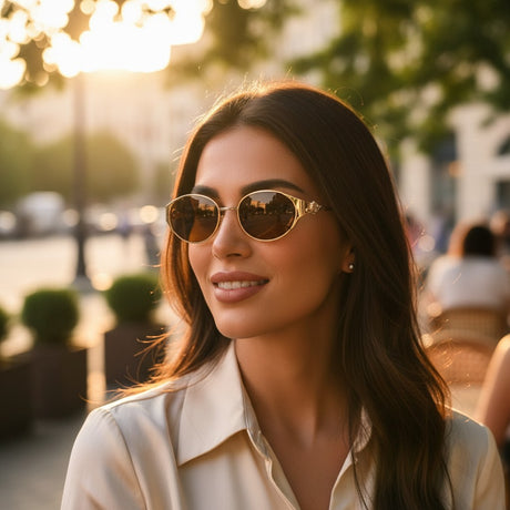 Womens gold round sunglasses with decorative temple detail and brown lenses, Jack Gifts Online Lebanon