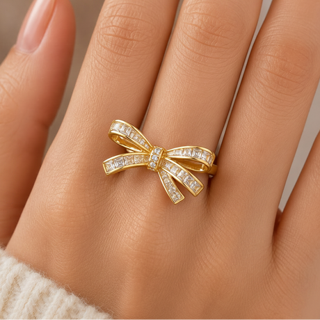 Gold baguette crystal bow ring with pave knot centre, Jack Gifts Online Lebanon