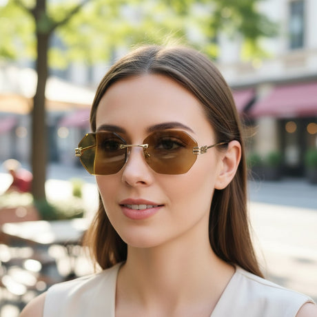 Womens rimless hexagon sunglasses with olive tinted lenses and gold temples, Jack Gifts Online Lebanon