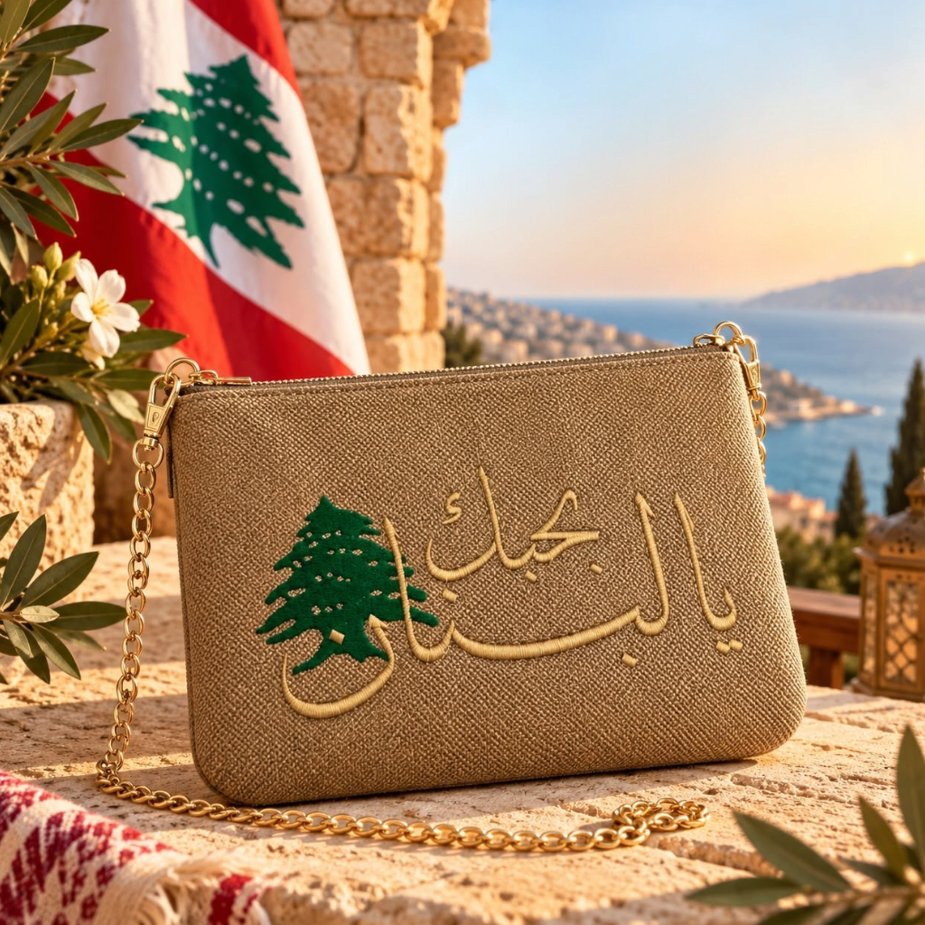 Handmade gold pouch with gold Arabic I love you Lebanon embroidery and a green cedar, with the Lebanese flag behind