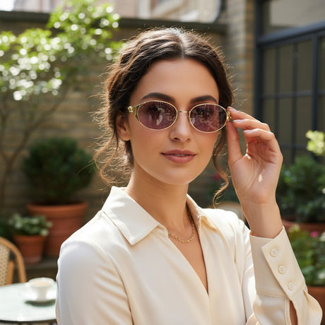 Womens slim gold oval sunglasses with soft rose purple lenses, Jack Gifts Online Lebanon