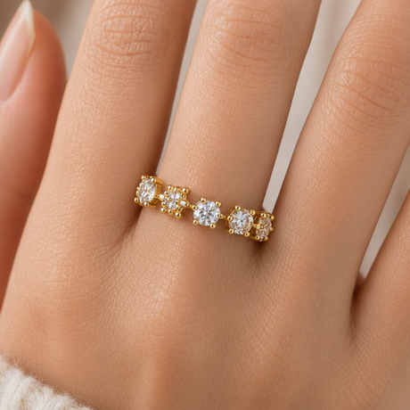Gold ring with a row of round crystal stones on a fine band, Jack Gifts Online Lebanon