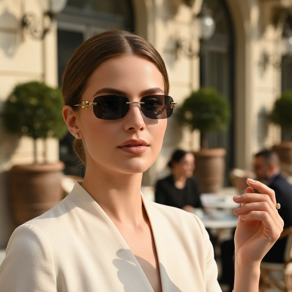 Womens rimless rectangular sunglasses with dark lenses and gold temples, Jack Gifts Online Lebanon