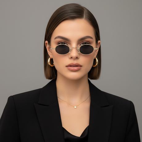 Woman wearing small gold-framed and round retro sunglasses with a plain background