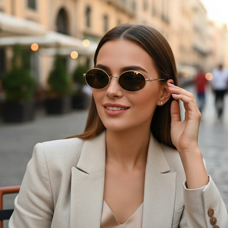 Womens slim gold rim oval sunglasses with deep brown lenses, Jack Gifts Online Lebanon