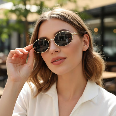 Womens gold round sunglasses with slim rims and dark lenses, Jack Gifts Online Lebanon