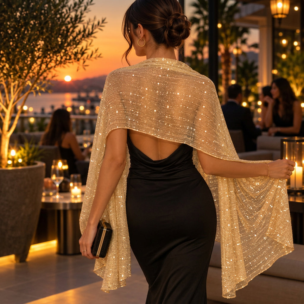 Back view of a gold shimmer shawl draped over an open back black dress on a candlelit terrace