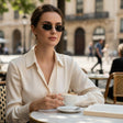 Womens slim angular rimless sunglasses with dark lenses and gold temples, Jack Gifts Online Lebanon