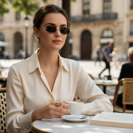 Womens slim angular rimless sunglasses with dark lenses and gold temples, Jack Gifts Online Lebanon