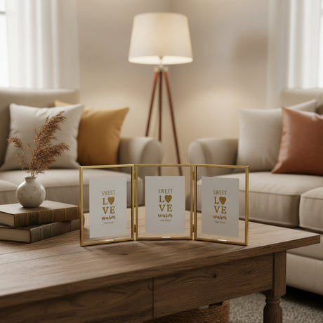 Gold trifold frame with three hinged portrait panels on a rustic wooden coffee table