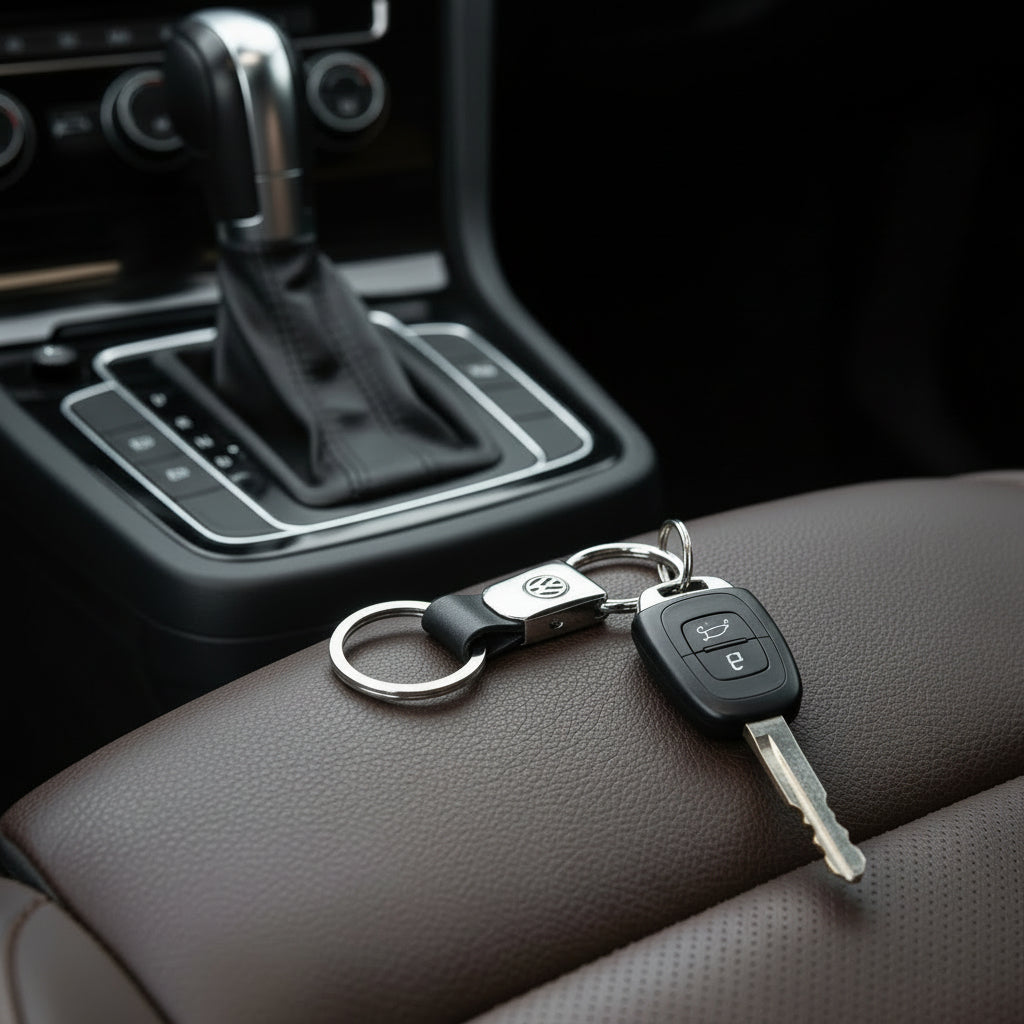 Car key with a golf car keychain on a car seat inside a vehicle