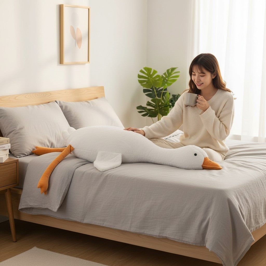 Large 155cm goose body pillow plush with an orange beak and feet