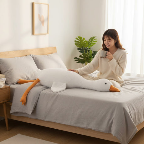 Large 155cm goose body pillow plush with an orange beak and feet