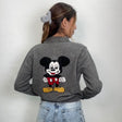 Back view of a grey collared cardigan with a large cartoon mouse patch