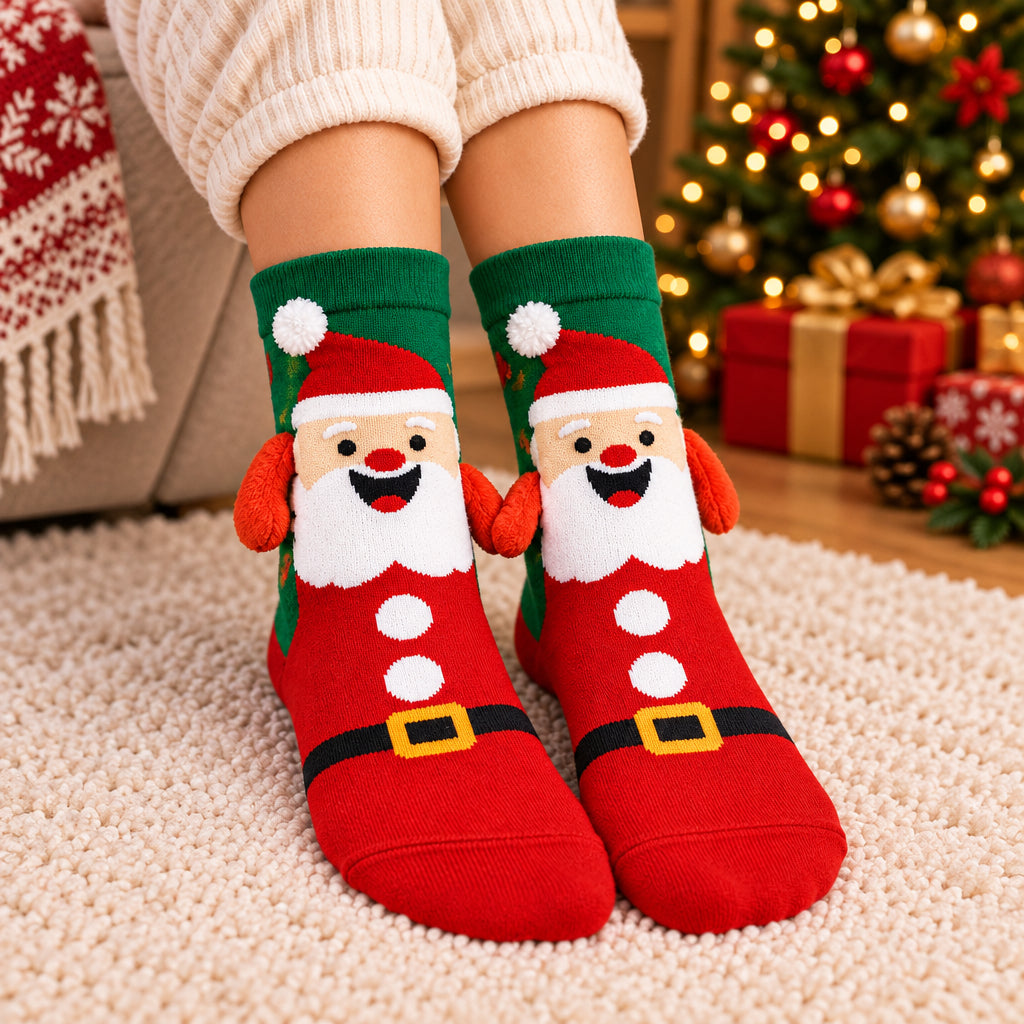 Green and red Santa suit Christmas socks with a smiling Santa face and orange plush arms