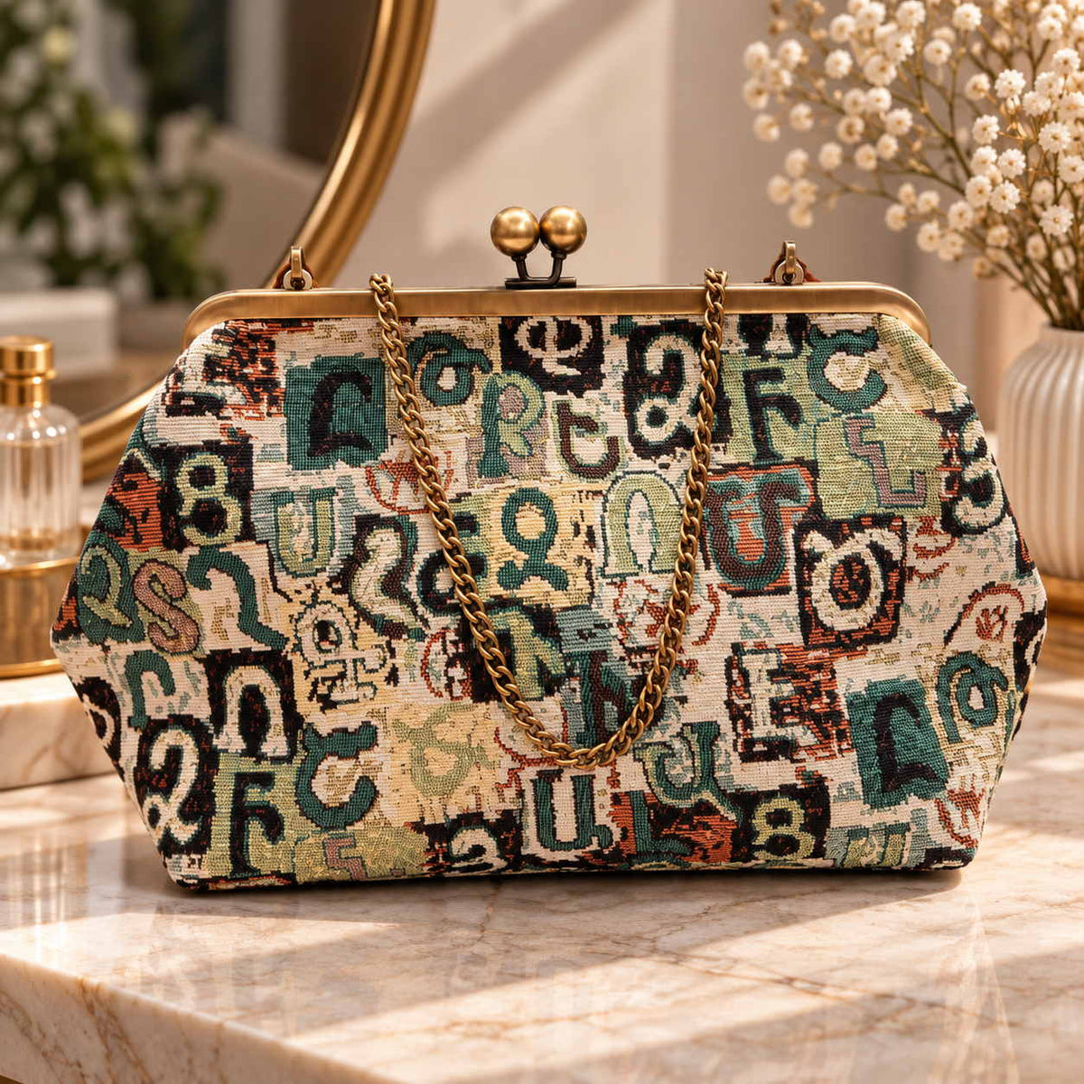 Teal green and cream tapestry handbag with Armenian letters, brass kiss clasp and chain strap on a vanity