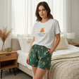 Women's white tee and green teddy bear print shorts pyjama set - cozy homewear gift - Jack Gifts Lebanon
