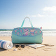 Mint aqua kids duffle bag printed with pastel mermaid kittens, plush ears and carry handles