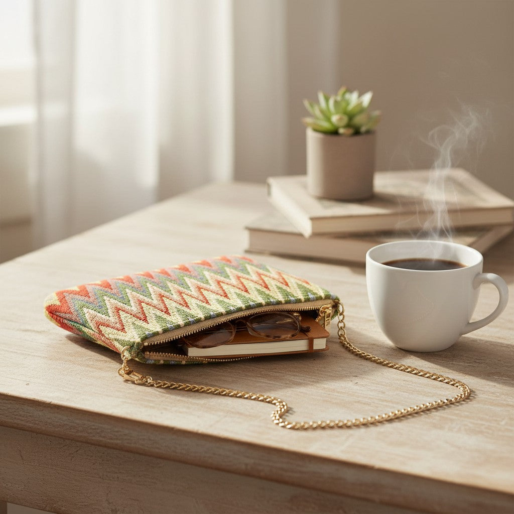 Chevron tapestry bag open on a desk showing the zip top