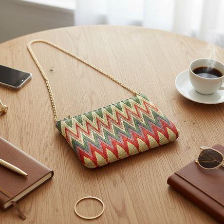 Green chevron tapestry crossbody bag with a gold chain on a table