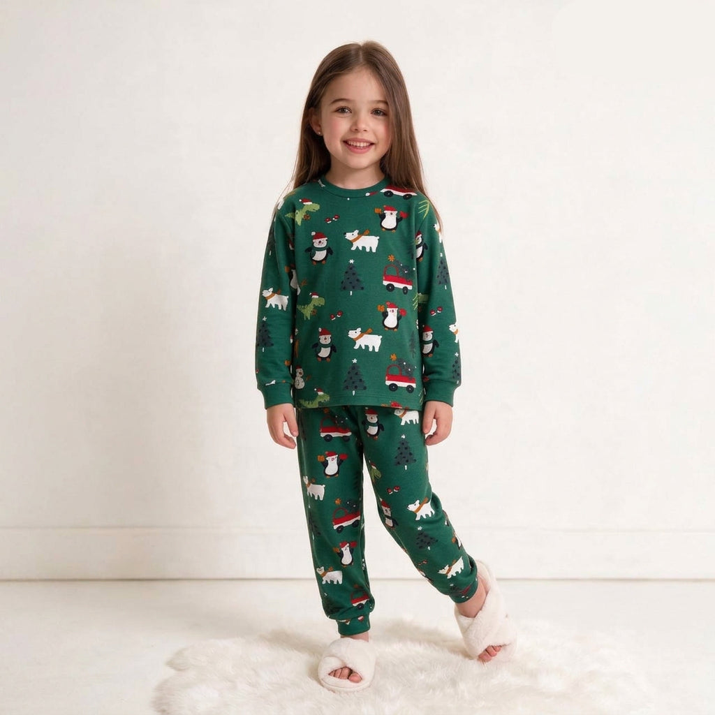 Smiling girl in a green Christmas pajama set with penguins and polar bears