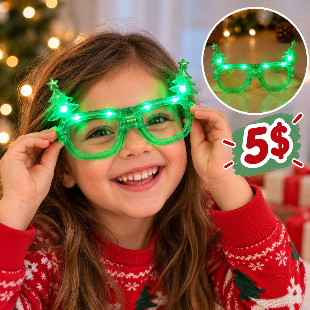 Smiling girl in a red Christmas jumper wearing glowing green party glasses with Christmas tree toppers