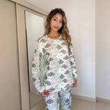 Close view of the sleepy cloud print on a relaxed fit pyjama top