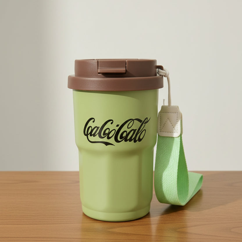 Green Coca-Cola tumbler with brown lid on a white surface, with clothing in the background.