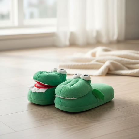 Green plush crocodile slippers with stitched eyes on a wooden floor