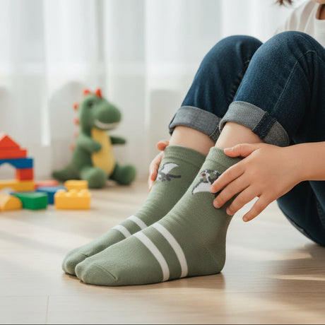 Kids sage green crew socks with a dinosaur motif and white stripes, Jack Gifts Online Lebanon