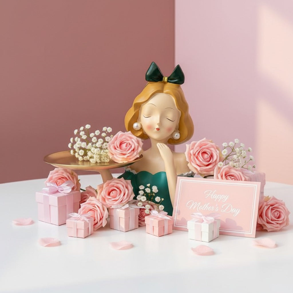 Blonde in a teal green dress, roses resting on her gold pedestal tray among gift boxes
