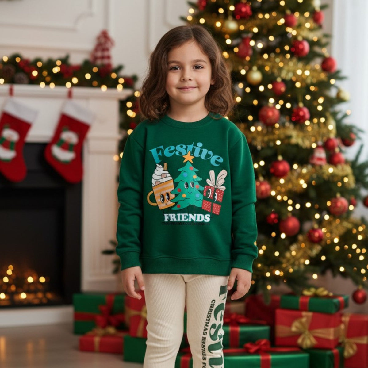 Green Festive Friends print sweatshirt worn in front of a red and gold Christmas tree
