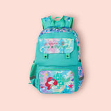 Mermaid and castle print front pocket on a mint green school bag with snap flap