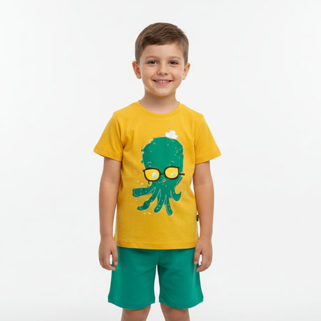 Front view of the mustard octopus graphic tee with glasses print and green shorts
