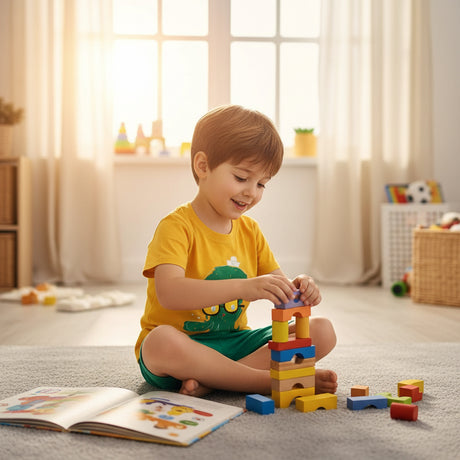 Yellow octopus tee and green shorts pajama set worn while stacking blocks