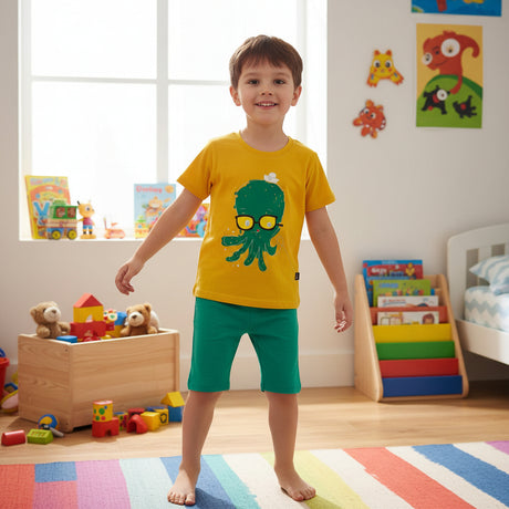 Kids mustard yellow octopus graphic tee with green pajama shorts, Jack Gifts Online Lebanon