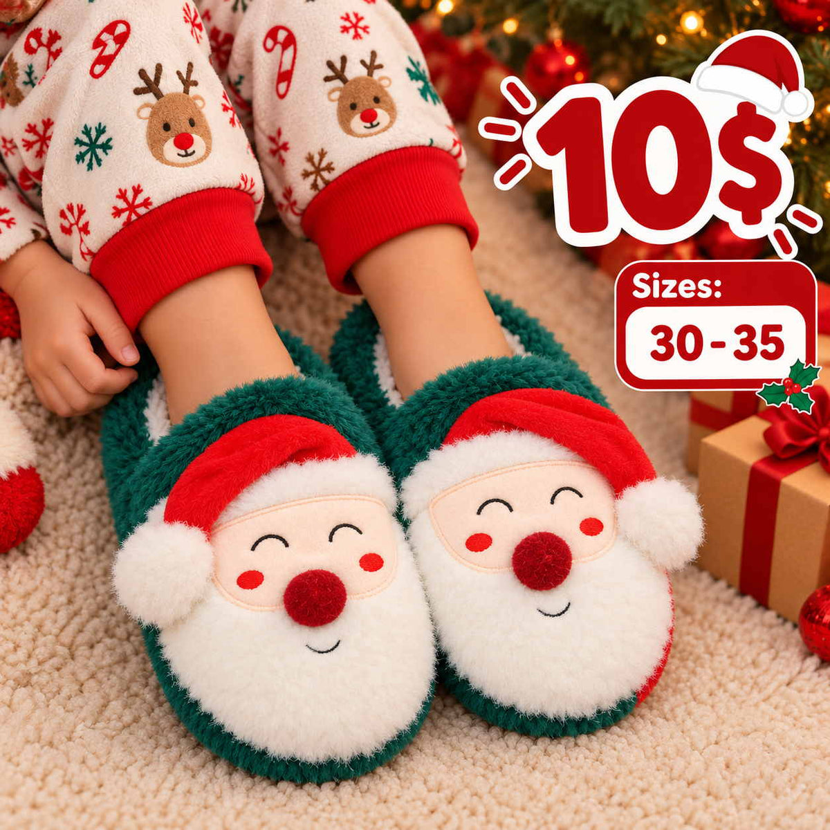 Child in reindeer print pyjamas wearing green plush slippers with smiling Santa faces and red hats