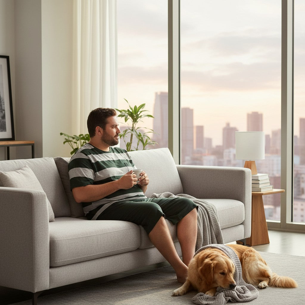 Green striped pyjama set worn on a sofa with a dog and a city view behind