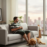 Green striped pyjama set worn on a sofa with a dog and a city view behind