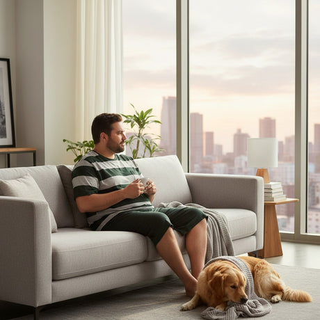Green striped pyjama set worn on a sofa with a dog and a city view behind