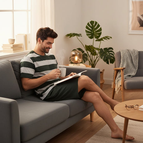 Green striped pyjama set worn reading on a sofa with a mug of coffee