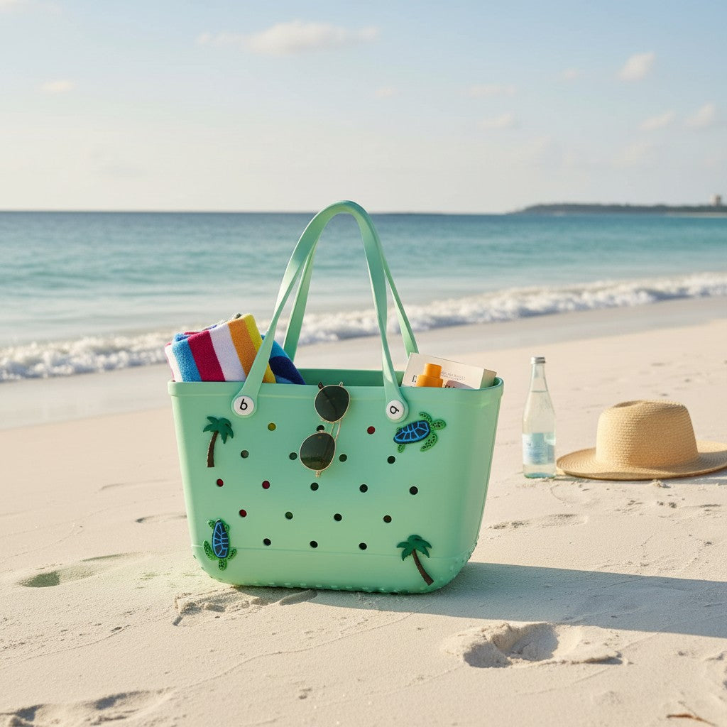 Light green beach bag with decorative elements on a sandy beach with ocean view