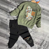 Green sweatshirt laid flat showing the large skateboard back print