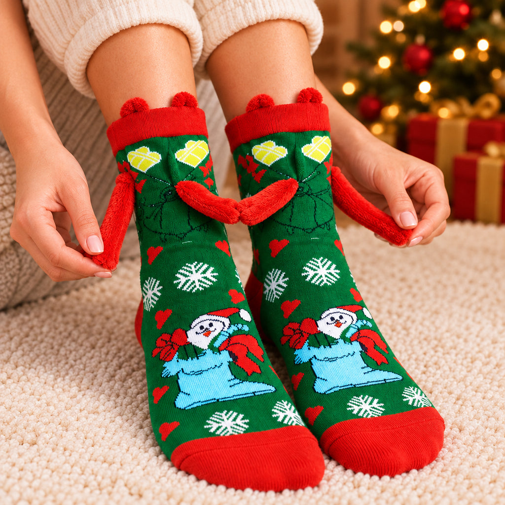 Green Christmas socks with snowflakes and a snowman, red plush arms linked together