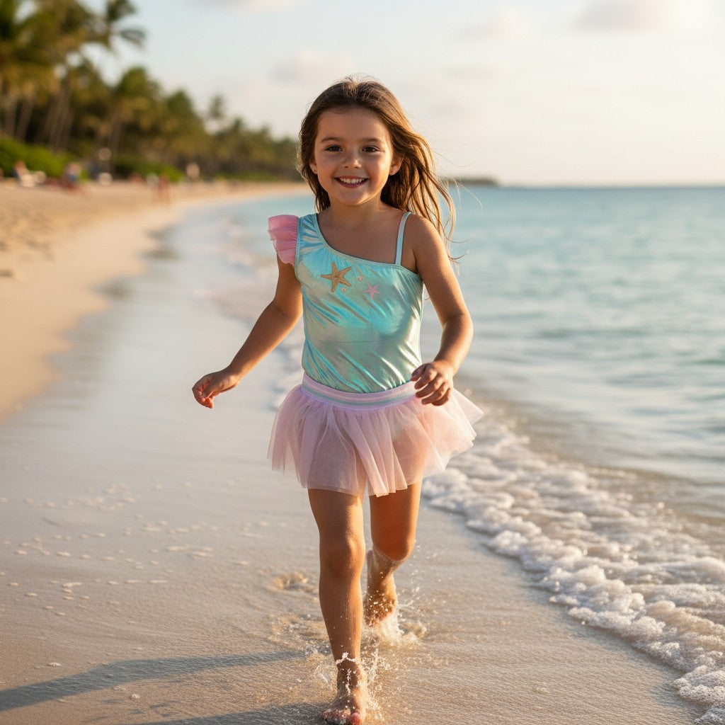 Green starfish tutu swimsuit worn on the beach with a tulle skirt
