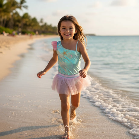 Green starfish tutu swimsuit worn on the beach with a tulle skirt